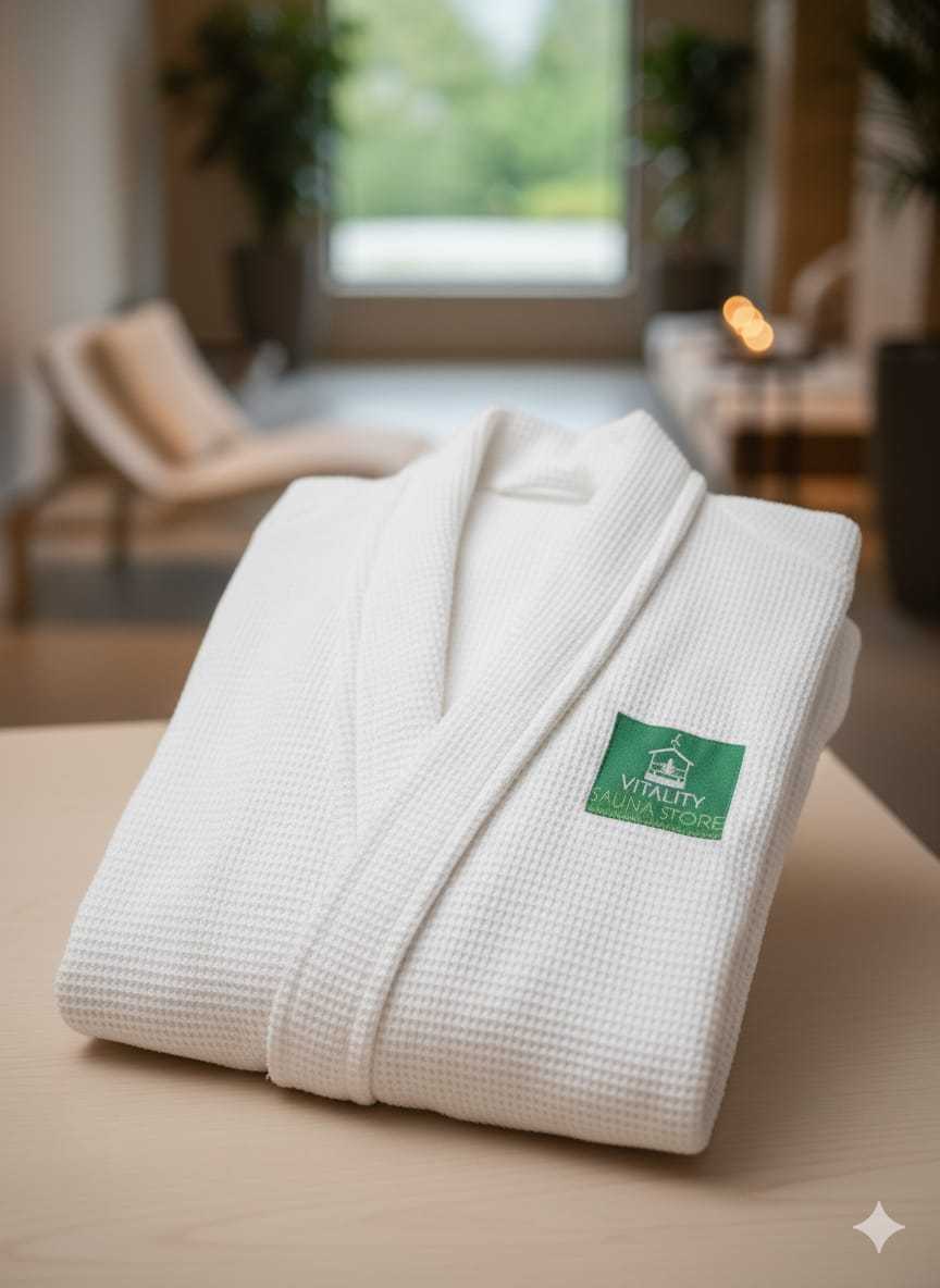 Luxurious white sauna bathrobe with green Vitality Sauna Store logo, folded neatly on a table in a spa lounge setting. Free gift with sauna purchase.