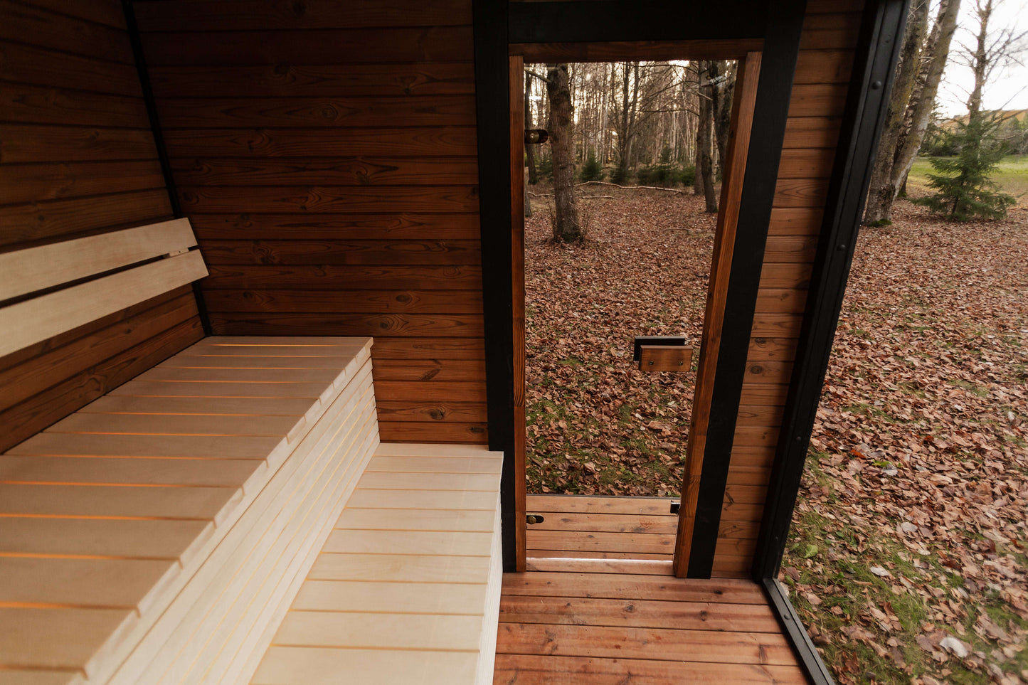 Sauna interior with wooden benches and natural wood walls. Mandespa USA. Modal Sauna.