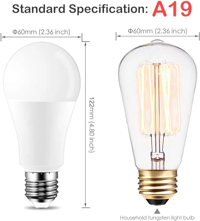 Two light bulbs with dimensions labeled